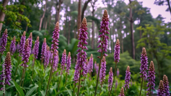 Fototapeta Purple forest flowers growing vertically in the foreground And behind is a forest in purple tones. purple sky,