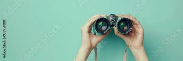 Obraz Two hands firmly hold binoculars against a light blue background, symbolizing exploration, curiosity, and the thrill of discovery.
