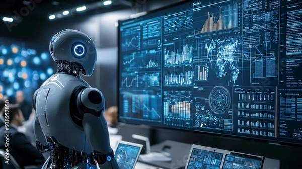 Fototapeta A robot in business attire explaining complex data analysis to a board of executives in a high-tech conference room emphasizing AI influence on modern business strategies Stock Photo with copy space