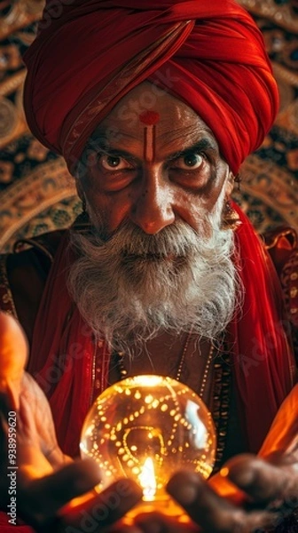 Fototapeta A mystic seer in vibrant red attire gazes intensely at a glowing crystal ball, surrounded by intricate patterns, evoking an aura of ancient wisdom and spirituality during an evening ceremony
