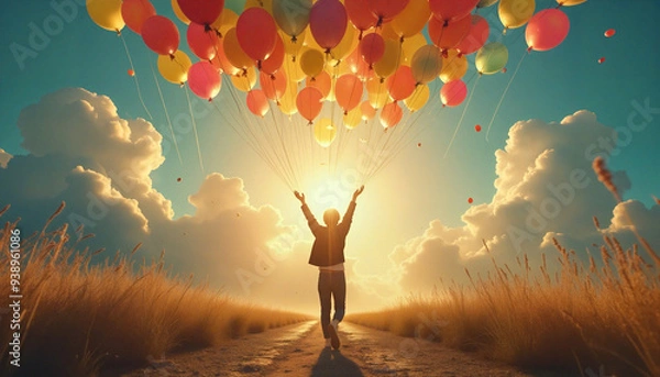 Obraz silhouette of a person in a field release balloons into the air