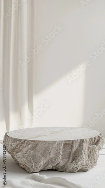 Fototapeta Natural rock with a smooth top in a minimalist set up with sunlight streaming through a white curtain, casting a soft shadow on the wall.