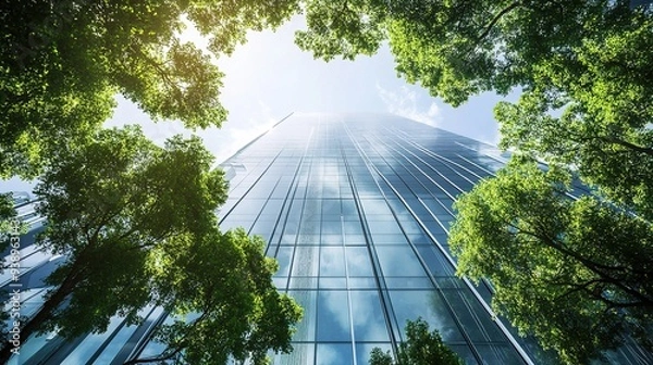 Fototapeta Sustainable office building featuring glass architecture and surrounding trees for CO2 reduction