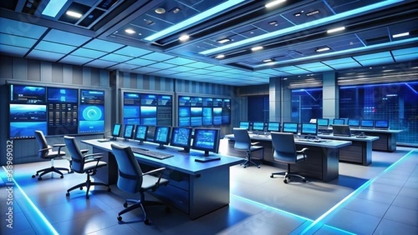 Fototapeta Sleek, high-tech control room with futuristic workstations, digital screens, and minimalist decor, illuminated by soft blue LED lighting, evoking efficiency and precision.