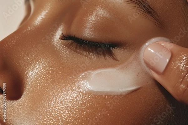 Fototapeta face and hand applying cream on cheek, highlighting the facial skin tone, skin care, the use of cosmetology products, the concept of the beauty industry