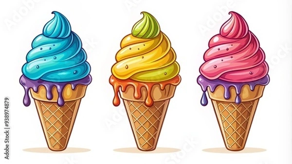 Fototapeta Stylized frozen treat icon in bold editable strokes, featuring a colorful icy cream cone with a scoop and a few drips, isolated on white background.