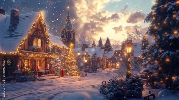 Obraz A Snowy Christmas Village with Festive Lights