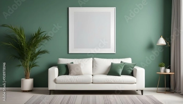 Fototapeta Interior mockup In a white room a blue sofa is placed next to a photo frame on the wall