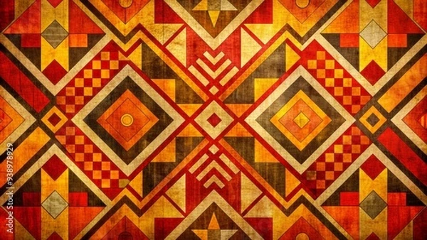 Fototapeta Vibrant abstract tribal-inspired typography with bold geometric patterns and curved lines in shades of orange, yellow, and red on a distressed textured background.