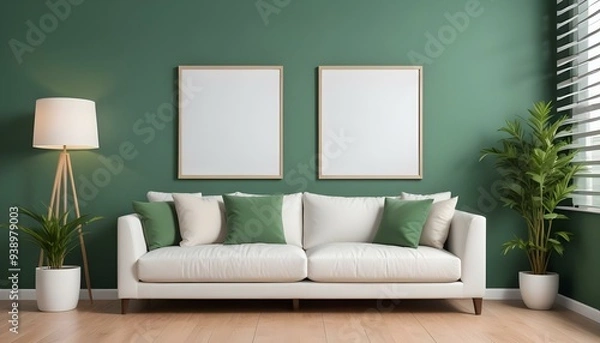 Obraz Interior mockup In a white room a blue sofa is placed next to a photo frame on the wall