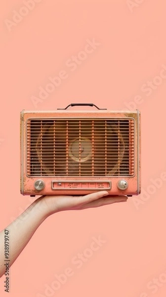 Obraz A hand holds up an old vintage radio with knobs against a peach backdrop, representing nostalgia and retro vibes.