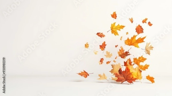 Obraz Autumn Leaves Falling - Vibrant 3D Render with Maple, Oak, and Birch on Clean Background for Seasonal Advertising with Copy Space