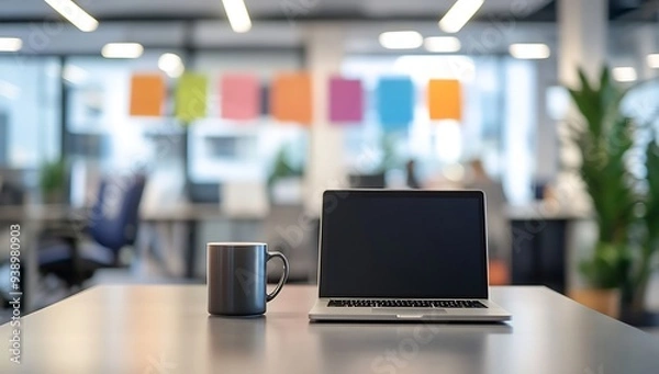 Fototapeta Clean White Desk with Laptop, Coffee Mug, and Modern Office Background