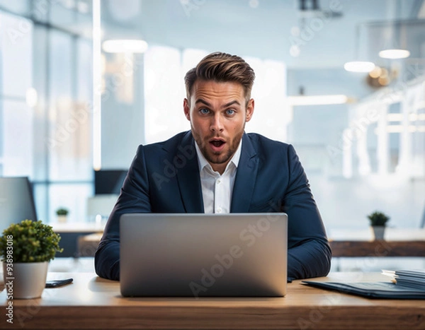 Obraz man working on a laptop has a look of amazement on his face