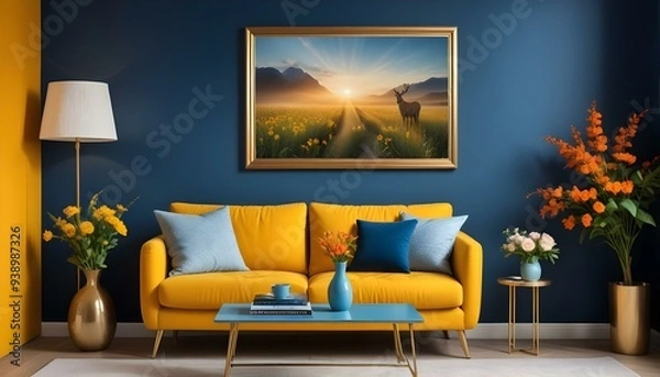 Fototapeta Interior mockup In a white room a blue sofa is placed next to a photo frame on the wall