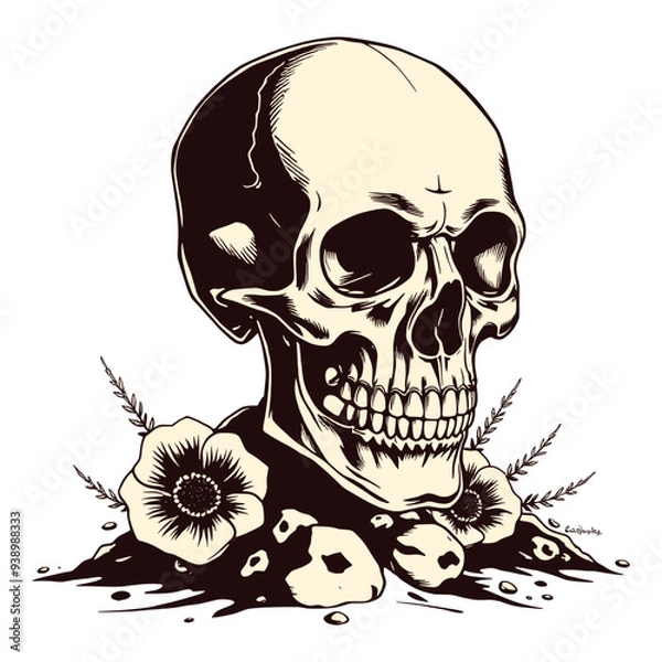 Obraz Skull Surrounded by Flowers and Rocks