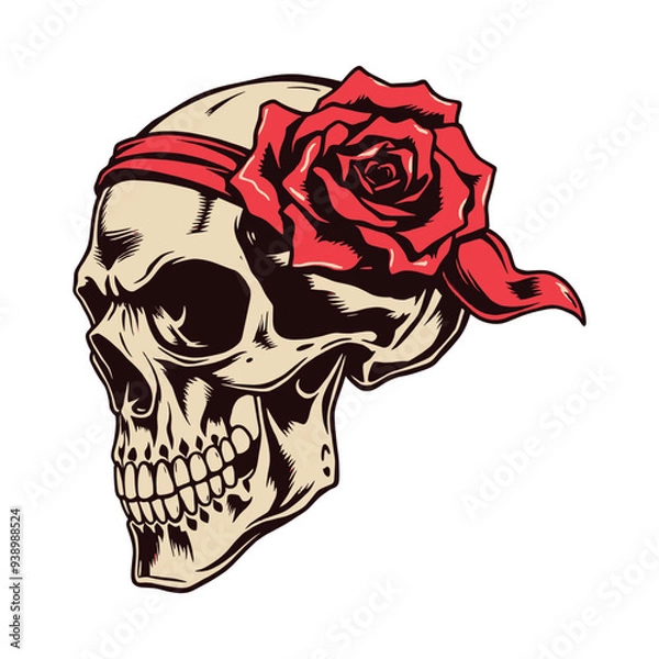 Obraz Skull with Red Rose and Headband