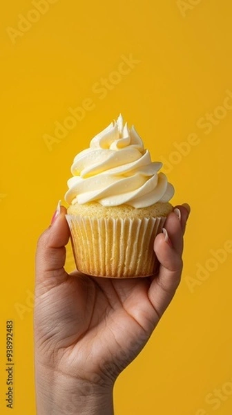 Obraz A hand holding a delicious cupcake with creamy frosting against a bright yellow background, showcasing the dessert beautifully.