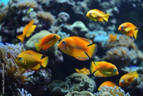 Fototapeta Bright orange fish navigate the coral reef while sunlight streams through the clear ocean water, showcasing marine life