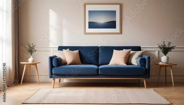 Fototapeta Interior mockup In a white room a blue sofa is placed next to a photo frame on the wall