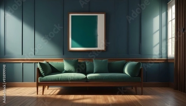 Fototapeta Interior mockup In a white room a blue sofa is placed next to a photo frame on the wall