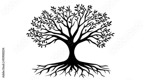 Obraz Bold black tree silhouette with roots, cleanly isolated on a white background, vector design emphasizing natural strength and endurance.