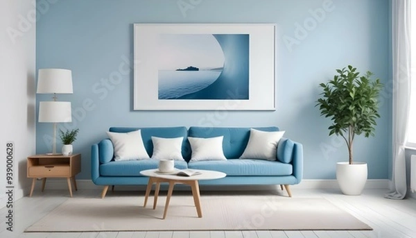 Obraz Interior mockup In a white room a blue sofa is placed next to a photo frame on the wall
