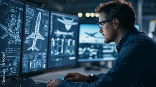 Fototapeta An engineer focuses on complex aircraft designs displayed across multiple high-resolution screens in a sleek, modern workspace, showcasing his dedication to precision
