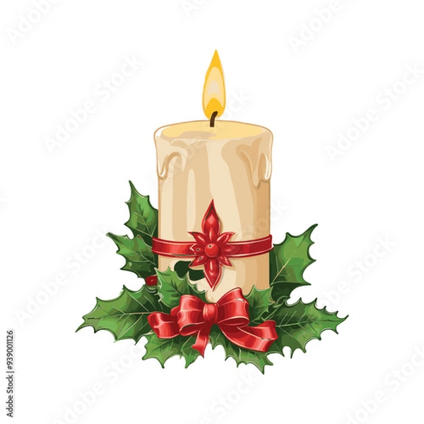 Obraz Festive Candle Surrounded by Holly and Red Bows