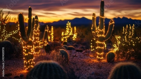 Obraz Cactus Christmas Lights at Sunset
