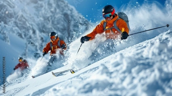 Fototapeta A group of skiers carves through fresh snow on a stunning mountain slope under clear blue skies