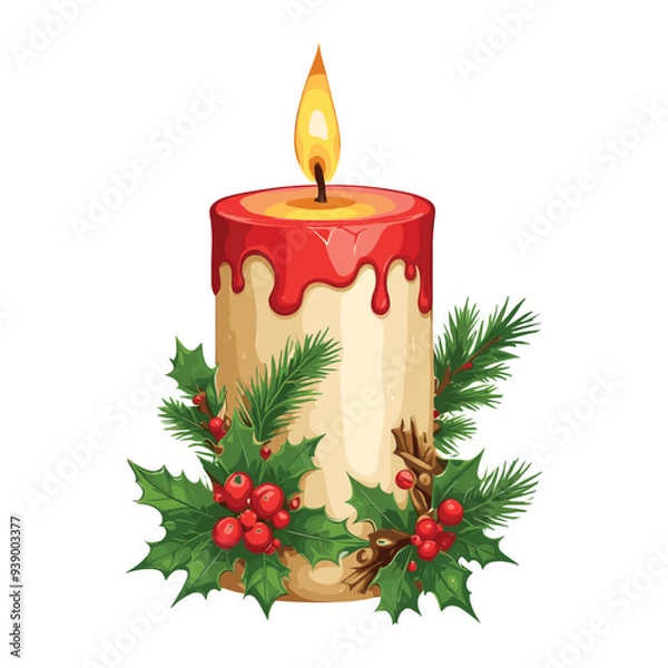 Obraz Red Topped Candle Surrounded by Holly and Pine
