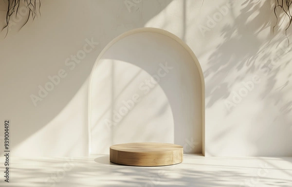 Fototapeta Wood podium in a minimalist white wall setting with an arch behind it. Sunlight streams through a window, casting shadows on the wall.