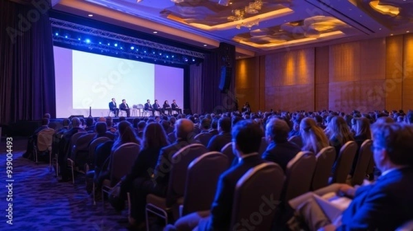 Obraz An attentive audience is seated in neat rows, focusing on a stage where multiple speakers present various topics in an elegant conference setting
