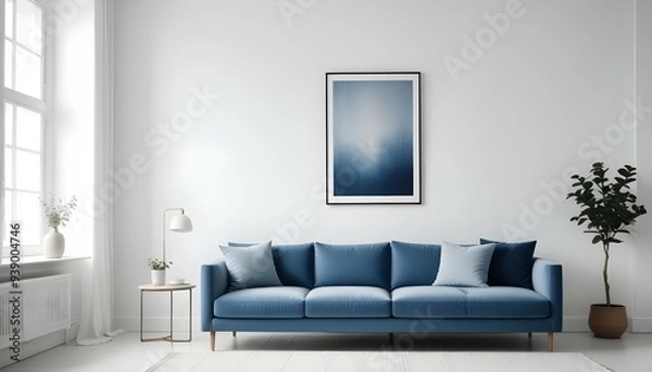 Fototapeta Interior mockup In a white room a blue sofa is placed next to a photo frame on the wall