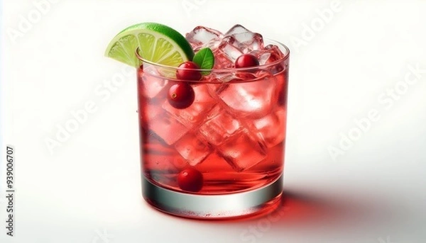 Fototapeta Vibrant Cocktail in Highball Glass with Ice and Fruit Garnish on White Background