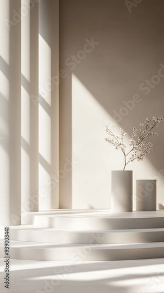 Fototapeta Minimalist interior featuring decked area with a pair of white vases, and a small tree with delicate branches