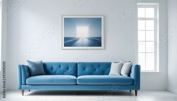 Obraz Interior mockup In a white room a blue sofa is placed next to a photo frame on the wall