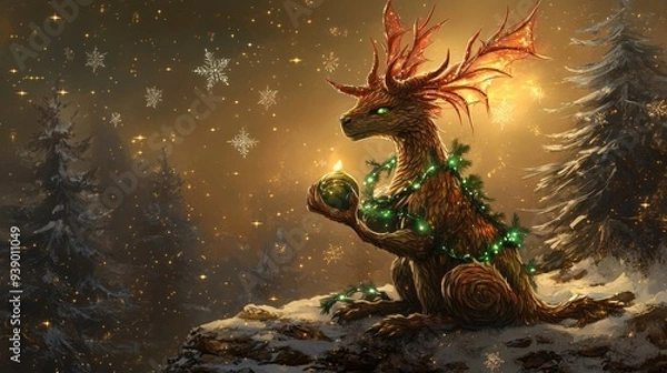 Obraz Festive Woodland Creature with a Golden Orb