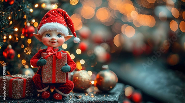 Fototapeta A cheerful elf holding a gift near a beautifully decorated Christmas tree with twinkling lights during the holiday season