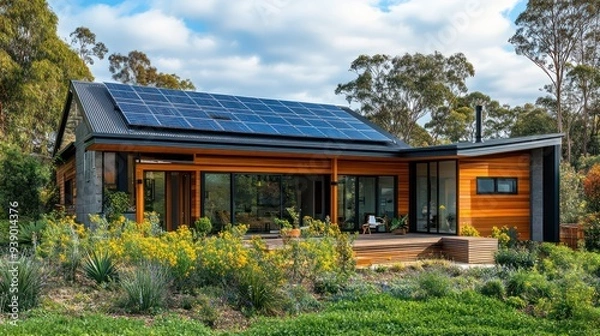 Fototapeta A suburban home built with sustainable materials and powered by renewable energy, achieving zero carbon emissions.