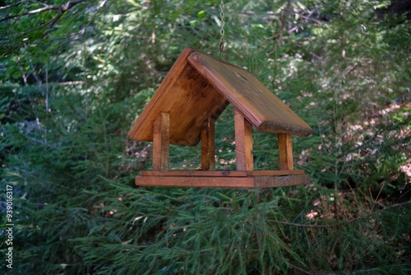 Obraz Wooden bird feeder hanging in forest, side view