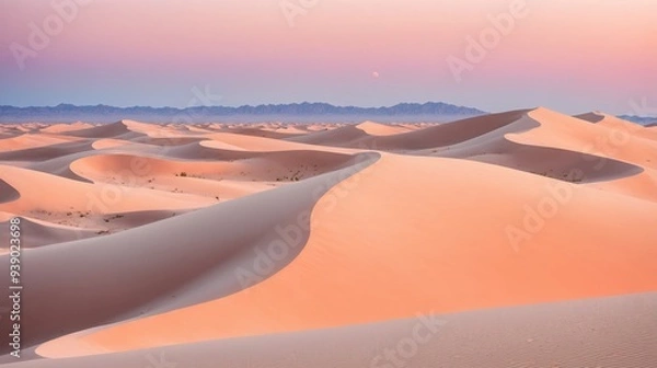Fototapeta A serene desert landscape with endless rolling dunes under a pastel-colored sky. Soft sand hues of peach and pink create a tranquil, dreamlike atmosphere. Mountains in the background add depth.