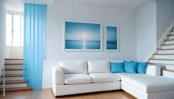 Fototapeta Interior mockup In a white room a blue sofa is placed next to a photo frame on the wall