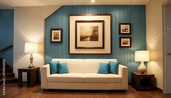 Obraz Interior mockup In a white room a blue sofa is placed next to a photo frame on the wall
