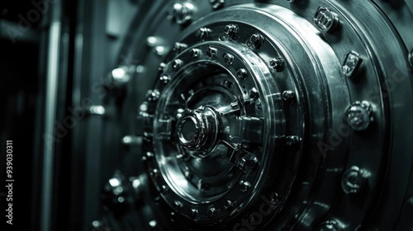 Fototapeta A close-up of a robust, circular metal vault door, showcasing intricate bolts and mechanisms, ideal for use in security, finance, or technology publications emphasizing safety and protection,