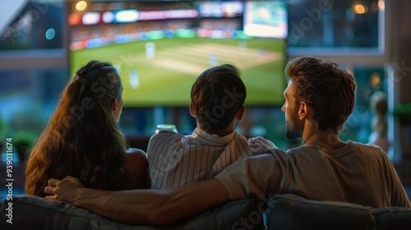 Obraz group of 3 friends watching cricket match, AI Generative