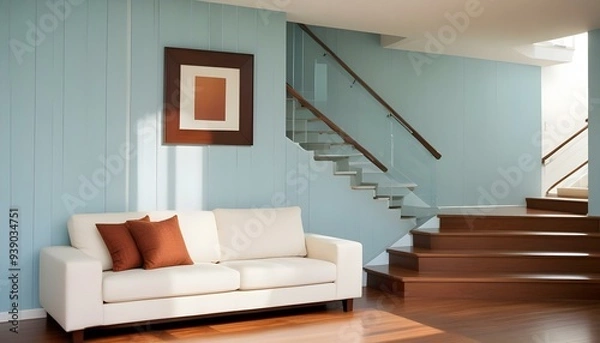 Fototapeta Interior mockup In a white room a blue sofa is placed next to a photo frame on the wall