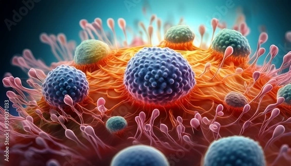Fototapeta A vivid close-up of microorganisms, showcasing their intricate structures and vibrant colors in a scientific environment.