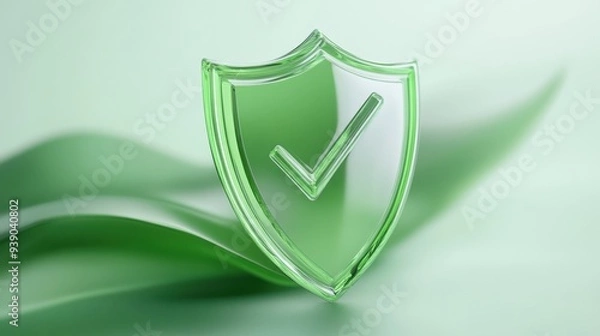 Fototapeta A green shield with a check mark on it
